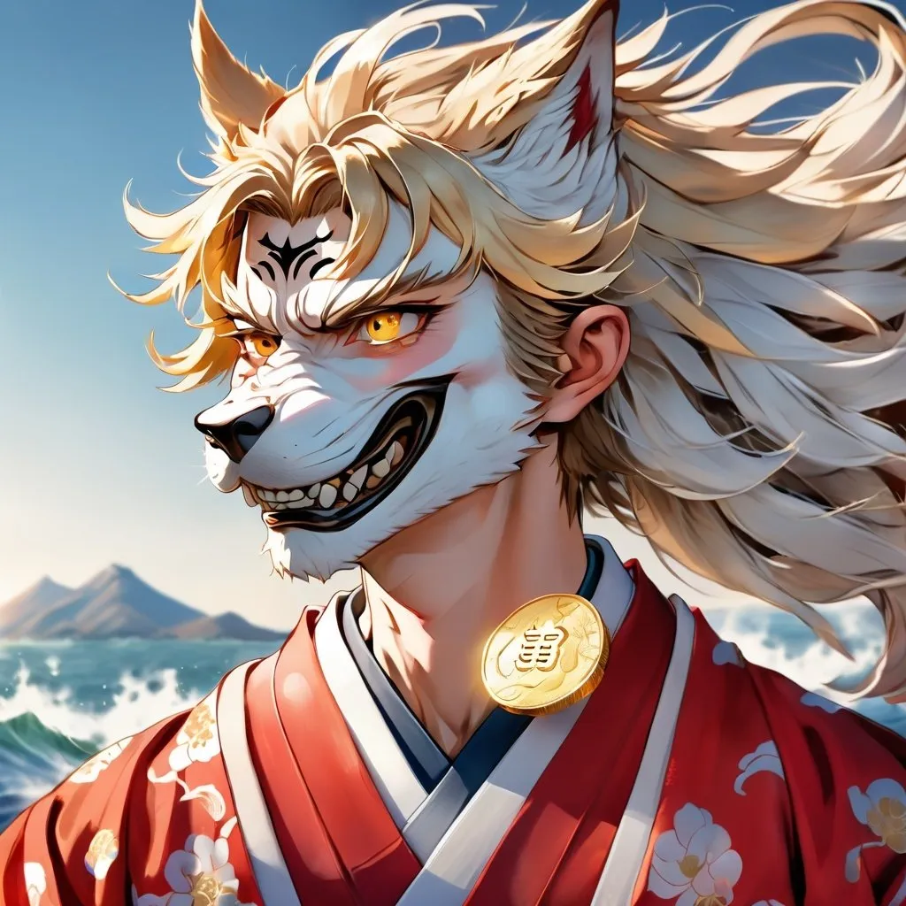 Prompt: anime illustration of a confident samurai man with wolf mask, traditional kimono, holding a gold coin, detailed facial expression, ocean backdrop, Genshin Impact inspired pose, high definition, clean lineart, psychopathic, confident gaze, detailed eyes, traditional Japanese, anime, detailed fur, gold coin, intense expression, ocean backdrop, detailed, highres, clean line, professional, atmospheric lighting, detailed eyes, confident pose