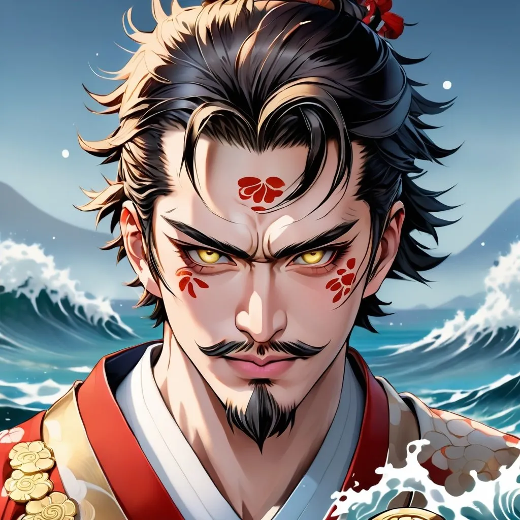 Prompt: anime illustration of a confident samurai man with Japanese Oni mask, traditional kimono, holding a gold coin standing in the sea, detailed facial expression, ocean backdrop, Genshin Impact inspired pose, high definition, clean lineart, psychopathic, confident gaze, detailed eyes, traditional Japanese, anime, detailed fur, gold coin, intense expression, ocean backdrop, detailed, highres, clean line, professional, atmospheric lighting, detailed eyes, confident pose