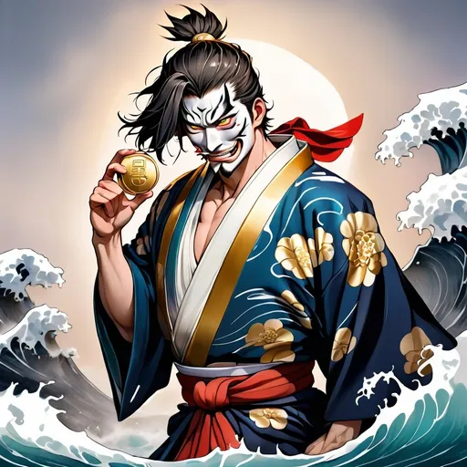 Prompt: half body anime illustration of a confident samurai man wearing traditional Japanese Oni mask, traditional kimono, holding a gold coin standing in the sea, detailed facial expression, ocean backdrop, Genshin Impact inspired dynamic pose, high definition, clean lineart, psychopathic, confident gaze, detailed eyes, traditional Japanese, anime, detailed fur, gold coin, intense expression, ocean backdrop, detailed, highres, clean line, professional, atmospheric lighting, detailed eyes, confident pose