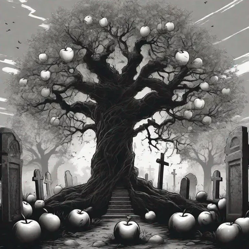 Prompt: a scene that has 1 giant apple tree in the middle of a cemertary 
the tree is surrounded by a black flat tombstones with 2 light orbs as the tombstone eyes looking out ward
make it creepy looking but in the style of digital art with precise line work and the art work must be able to fit as a t-shirt design.