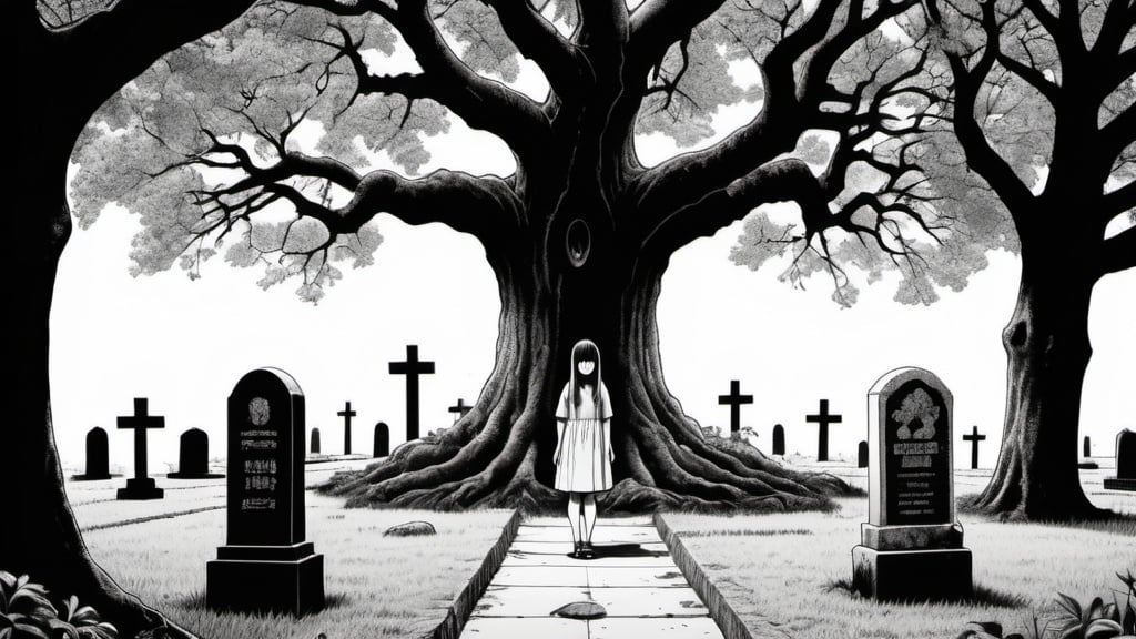 Prompt: Junji Ito manga style, a giant oak tree standing in the middle of a cemetery. Surrounded by a cute creatures that look like a flat black tombstone and a faceless lady peaking out of the tomb stones looking outward. Black and white art. High detail, precise line art. 