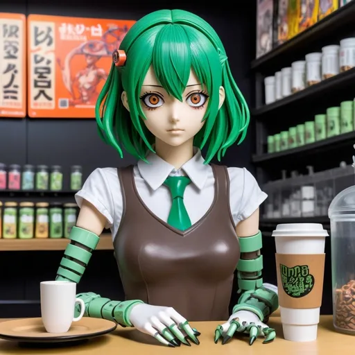 Prompt: Junji Ito manga style, man in coffee shop, manga scene of a high-quality 3D rendering of a Bandai model kit, featuring the unassembled parts of a high school anime girl character. The character has mechanical arms and vibrant green hair. The parts are laid out in an organized manner, ready for assembly. The ensemble plate and detailed parts are clearly visible. The style is distinctly anime, with vibrant colors and soft, natural lighting. Emphasize the unassembled aspect of the model kit, showcasing each part in detail.