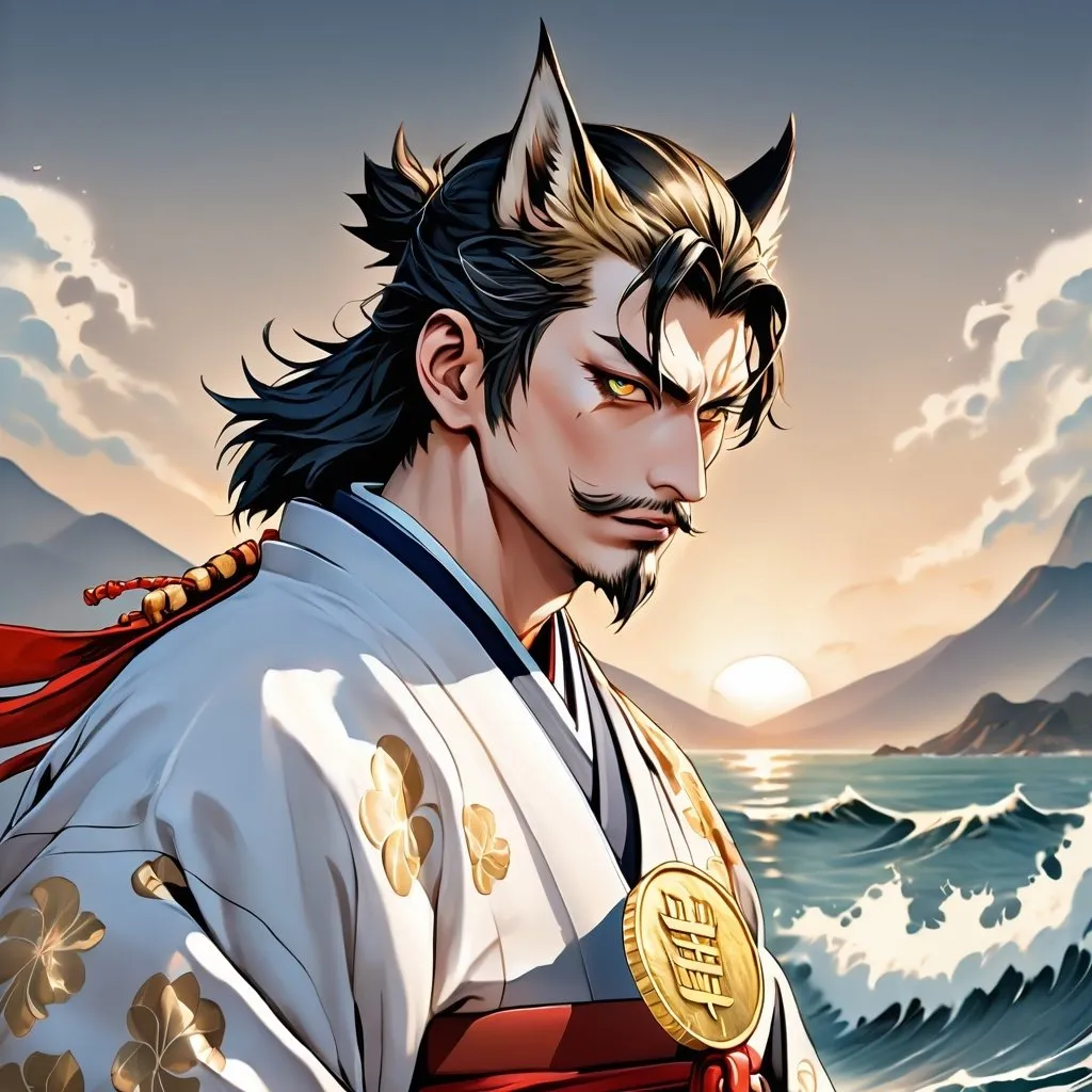 Prompt: anime illustration of a confident samurai man with wolf mask, traditional kimono, holding a gold coin standing in the sea, detailed facial expression, ocean backdrop, Genshin Impact inspired pose, high definition, clean lineart, psychopathic, confident gaze, detailed eyes, traditional Japanese, anime, detailed fur, gold coin, intense expression, ocean backdrop, detailed, highres, clean line, professional, atmospheric lighting, detailed eyes, confident pose