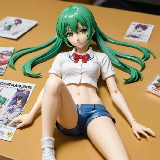 Prompt: an unfinish plate of bandai model kit pieces of an full body high school anime girl with green hair laying on the table