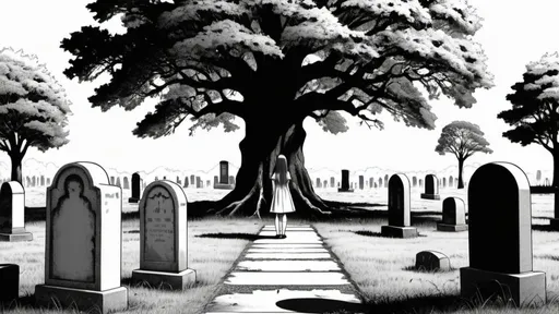 Prompt: Junji Ito manga style, a giant oak tree standing in the middle of a cemetery. Surrounded by a cute creatures that look like a flat black tombstone and a faceless lady peaking out of them looking outward. Black and white art. High detail, precise line art. 