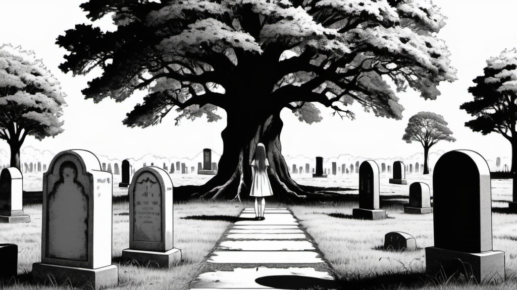 Prompt: Junji Ito manga style, a giant oak tree standing in the middle of a cemetery. Surrounded by a cute creatures that look like a flat black tombstone and a faceless lady peaking out of them looking outward. Black and white art. High detail, precise line art. 