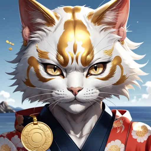 Prompt: Close-up anime illustration of a confident cat-man, traditional kimono, holding a gold coin, detailed facial expression, ocean backdrop, Genshin Impact inspired pose, high definition, clean lineart, psychopathic, confident gaze, detailed eyes, traditional Japanese, anime, detailed fur, gold coin, intense expression, ocean backdrop, detailed, highres, clean line, professional, atmospheric lighting, detailed eyes, confident pose
