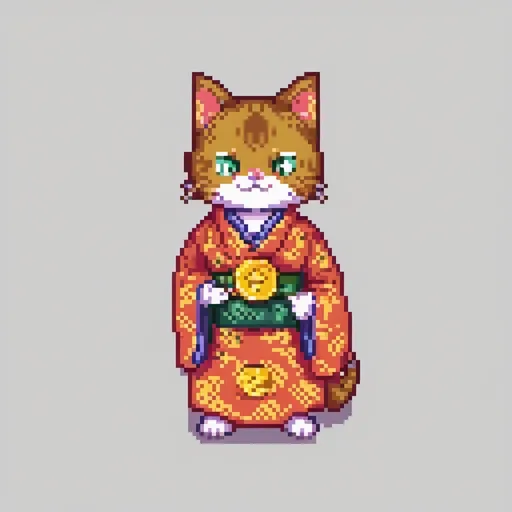 Prompt: pixel art, of an anime cat man holding a gold coin wearing a traditional kimono 