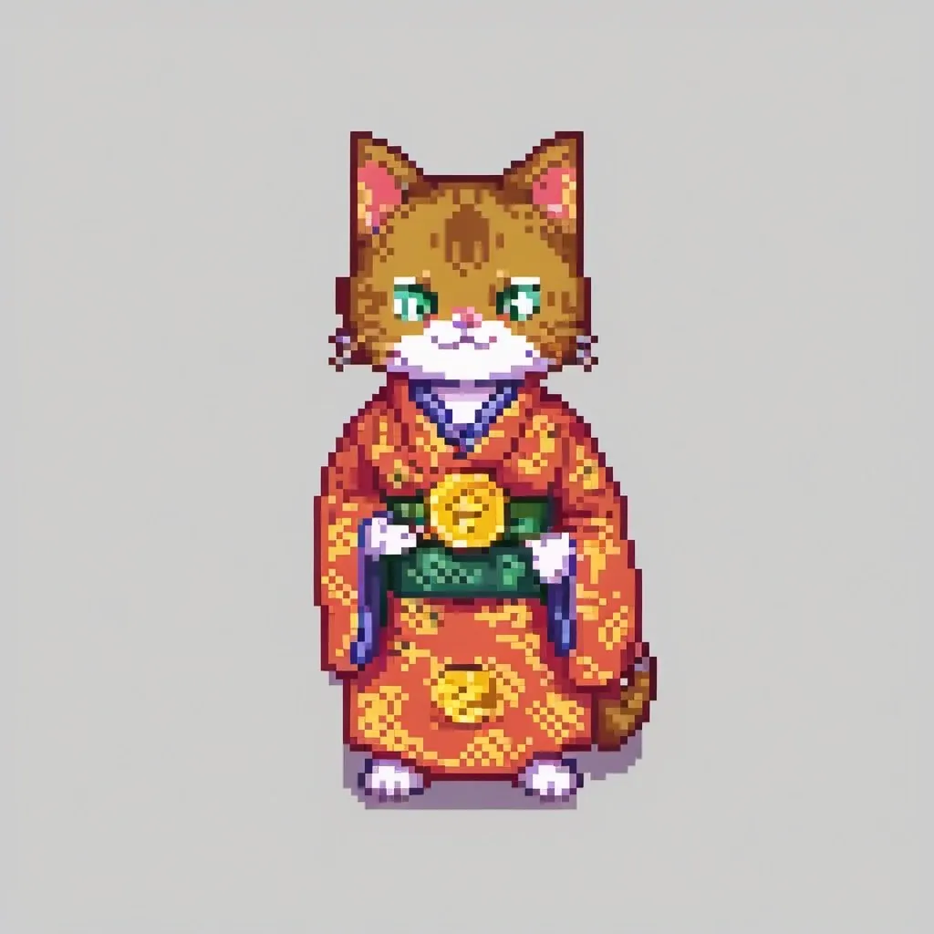 Prompt: pixel art, of an anime cat man holding a gold coin wearing a traditional kimono 