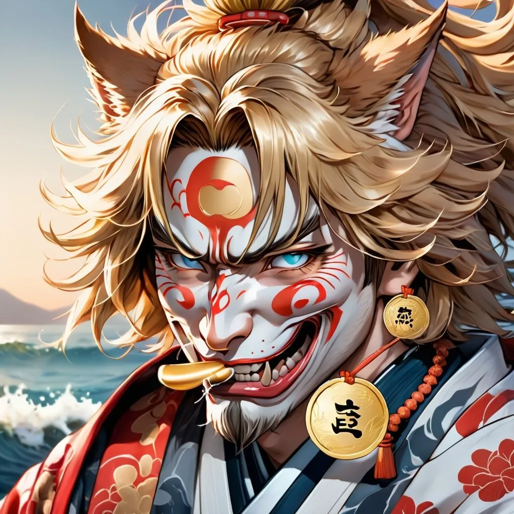 Prompt: anime illustration of a confident samurai man with wolf mask, traditional kimono, holding a gold coin, detailed facial expression, ocean backdrop, Genshin Impact inspired pose, high definition, clean lineart, psychopathic, confident gaze, detailed eyes, traditional Japanese, anime, detailed fur, gold coin, intense expression, ocean backdrop, detailed, highres, clean line, professional, atmospheric lighting, detailed eyes, confident pose