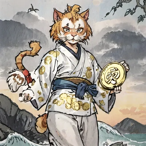 Prompt: anime illustration of a confident cat-man, traditional kimono, holding a gold coin, detailed facial expression, ocean backdrop, Genshin Impact inspired pose, high definition, clean lineart, psychopathic, confident gaze, detailed eyes, traditional Japanese, anime, detailed fur, gold coin, intense expression, ocean backdrop, detailed, highres, clean line, professional, atmospheric lighting, detailed eyes, confident pose