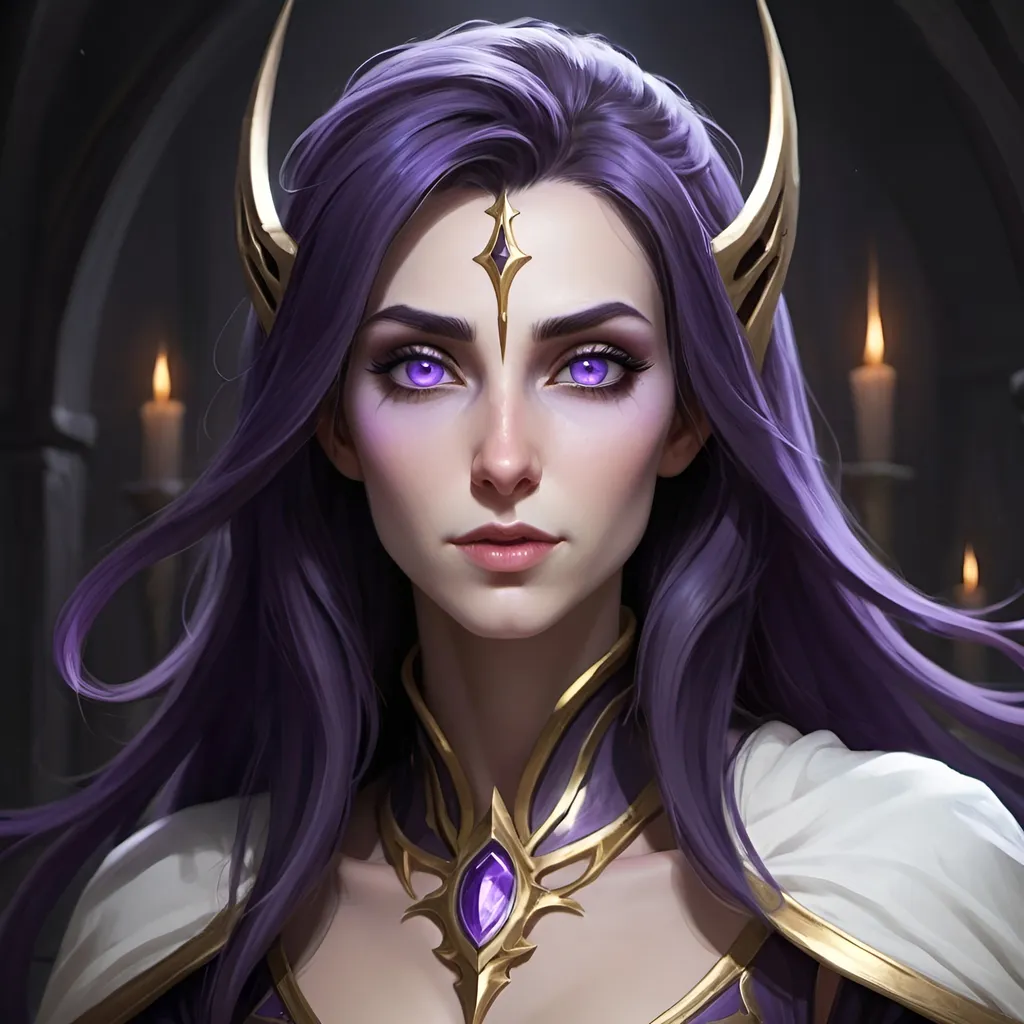 Prompt: A pale skinned and dark haired void elf female, slender with purple swirling eyes. Her hair is shoulder long, she wears a long white robe with gold and black trim. Her features are serene, however despite the inner light, there is some darkness deep in her soul. 

In her background the Holy Light Radiates, washing over a group of Knights that stand guard over the priestess.