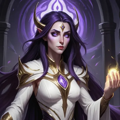 Prompt: A pale skinned and dark haired void elf female, slender with purple swirling eyes. Her hair is shoulder long, she wears a long white robe with gold and black trim. Her features are serene, however despite the inner light, there is some darkness deep in her soul. 

In her background light and void clash in a vortex as she stands to guide knights with her inner light.