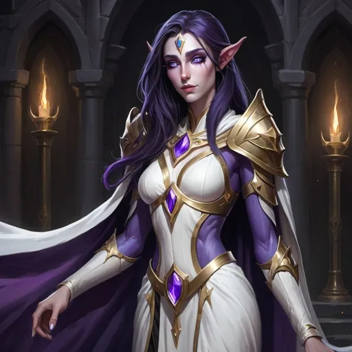 Prompt: A pale skinned and dark haired void elf female, slender with purple swirling eyes. Her hair is shoulder long, she wears a long white robe with gold and black trim. Her features are serene, however despite the inner light, there is some darkness deep in her soul. 

In her background the Holy Light Radiates, washing over a group of Knights that stand guard over the priestess.