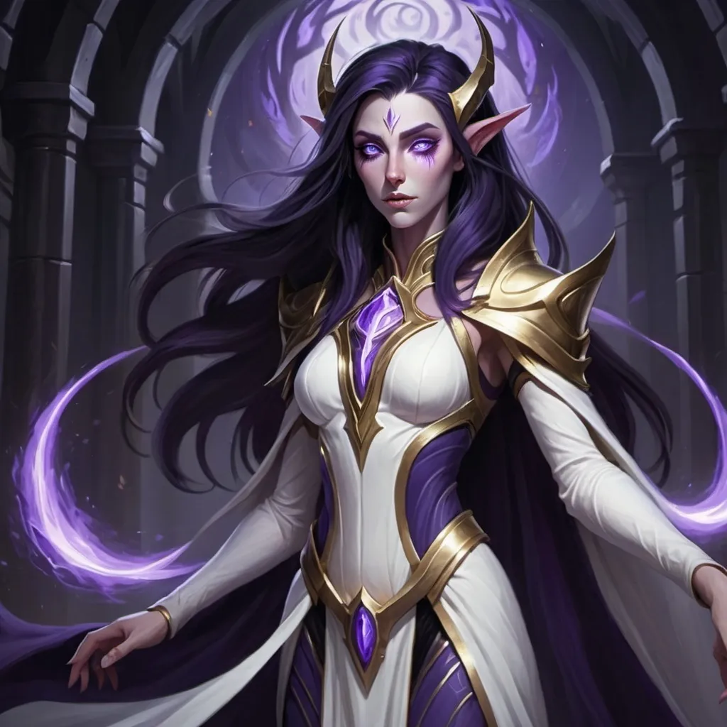 Prompt: A pale skinned and dark haired void elf female, slender with purple swirling eyes. Her hair is shoulder long, she wears a long white robe with gold and black trim. Her features are serene, however despite the inner light, there is some darkness deep in her soul. 

In her background light and void clash in a vortex as she stands to guide knights with her inner light.