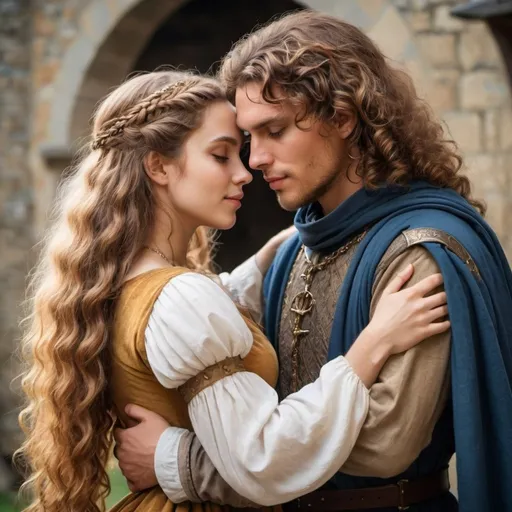 Prompt: A hadsom man with golden curly hair, embracing a beautiful young woman with long brown hair, both of them in the medieval world,  dressed with medieval clothes.  They are both very in love