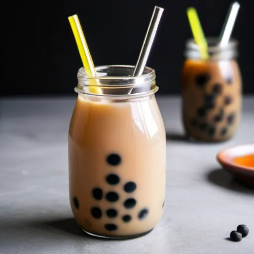 Prompt: boba milk tea with agar boba in a glass jar with only one large metal straw