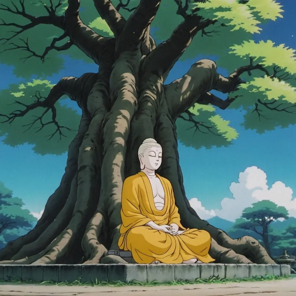 Prompt: 1990s anime screencap, buddha sitting under bodhi tree, anime scene