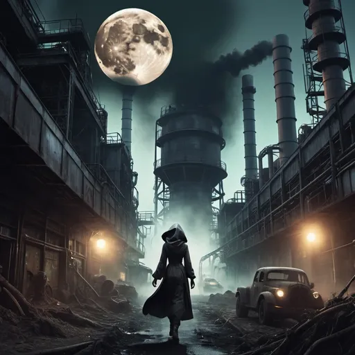Prompt: Dystopian machine jungle, dark smoke belching factory in the background. A massive moon in the sky and dust specs. A cloaked woman walking in the center.