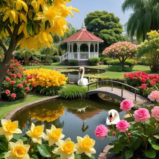 Prompt: A garden filled with vibrant colors. Focus on a rose bush in the center. A lush green mango tree with a lot of yellow mangoes in the right corner. In the left we have a small pond. A Gazebo with a small bridge in the center of the pond. small grass all around. Daffodils and begonias in the background. A swan gracefully swimming in the pond.
