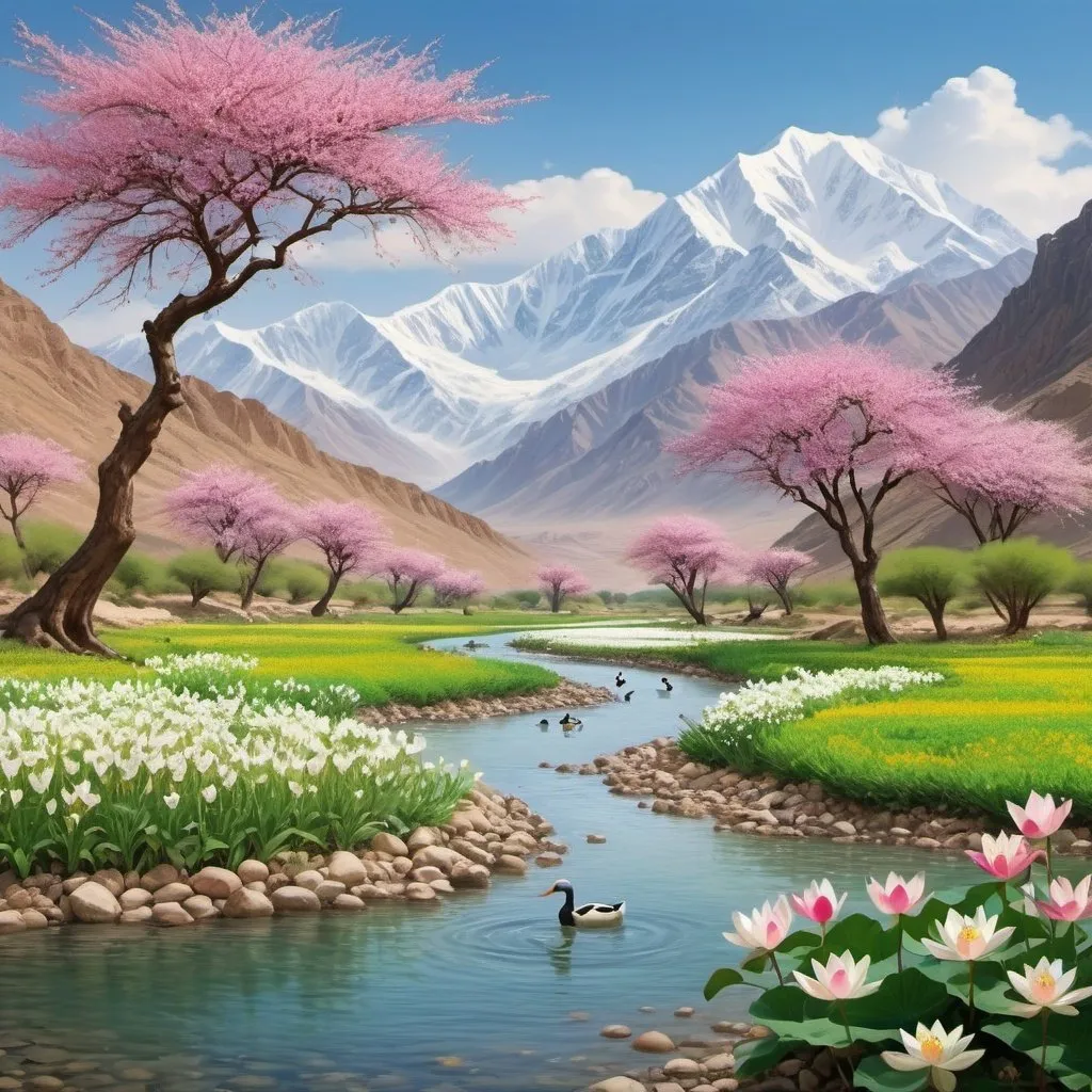 Prompt: Snow capped mountains. A wadi dripping down into a lush green meadows below. Clouds surround the mountains. The wadi is draining into a river nearby. A lotus in the river with a few ducks swimming. A few boys are also swimming in the river. A few pebbles lay on the bank of the river. A bush with jasmine flowers nearby. Beautiful trees on both sides of the river full of colorful flowers.