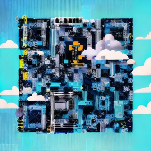 Prompt: Lush clouds against a dark and light blue sky with technology and motherboards