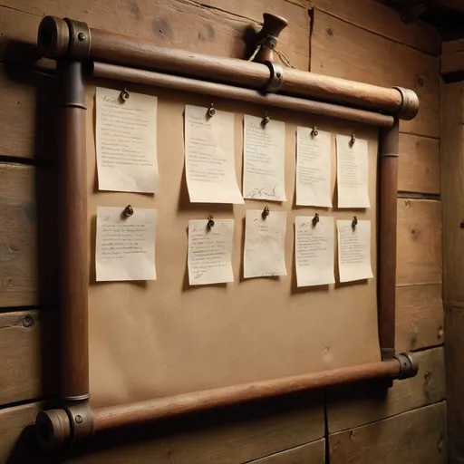 Prompt: Scrolls pinned to small board on the wall in a tavern