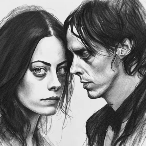 Prompt: a black and white sketch portrait of kaya scodelario and peter murphy  both wearing black 