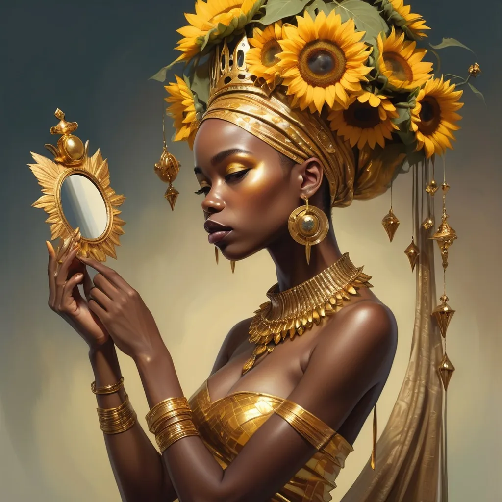 Prompt: A woman with a mirror in her hand and a gold crown on her head and a necklace around her neck, Chinwe Chukwuogo-Roy, afrofuturism, beautiful detailed, umbanda with golden dress dancing and looking in the mirror with sunflowers