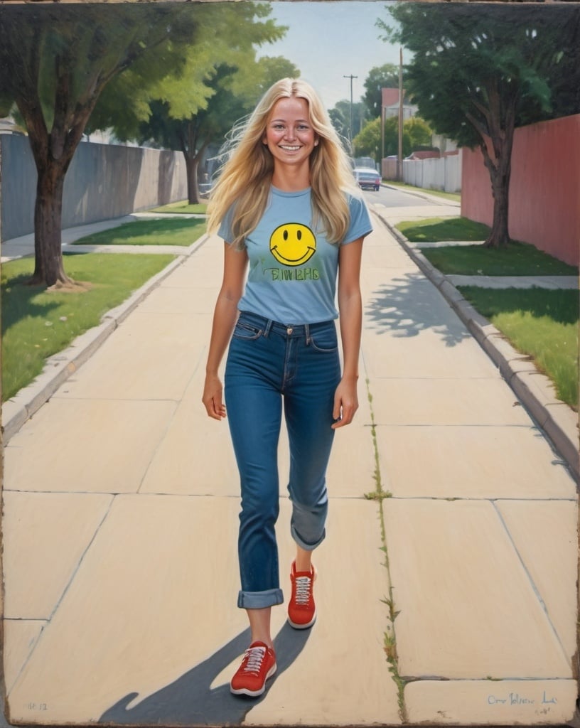 Prompt: a full-length portrait painting,
 27 year-old woman, 
walking on a dry sidewalk, 
cover with dark freckle,
green eyes, 
long blonde hair, 
a smile on her face, 
smiley-face  t-shirt, 
long blue jean,
red and blue tennis shoes,
1970s oil painting,