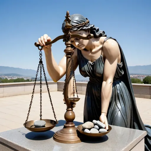 Prompt: a standing Lady Justice, with a blindfold, covers her eyes in a robe and holds scales. One scale has rocks, and the other scale has nothing.