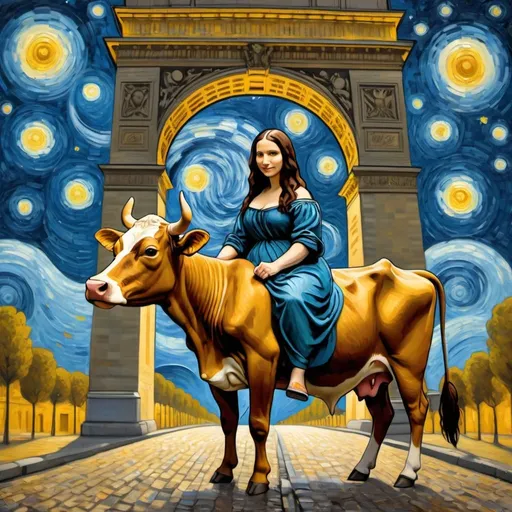 Prompt: Mona Lisa riding a cow through the Arc de Triomphe in the style of "The Starry Night" by Vincent van Gogh