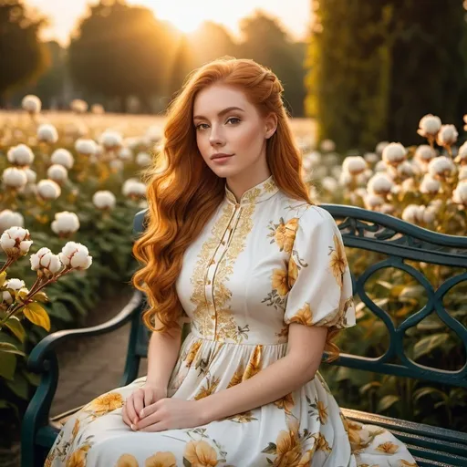 Prompt: beautiful 25-year-old woman sitting on a park bench.
long  hair ginger. in a French braid.
wide angle view, 
full depth of field, 
beautiful, 
high resolution, 
realistic, 
detailed hair,
beautiful atmosphere, 
golden hour lighting, 
misty colors
majestic long cotton flower print Empire Dress with a high neck line, 
natural beauty,
portrait painting, 
professional quality, 
sunrise,
flowers, 
majestic flower print , 
realistic, 
detailed hair,
serene atmosphere, 
wide angle view, 
full depth of field, 
beautiful, high resolution, 
golden hour lighting, 
majestic  long cotton flower print Empire Dress with a high neck line, 
natural beauty.