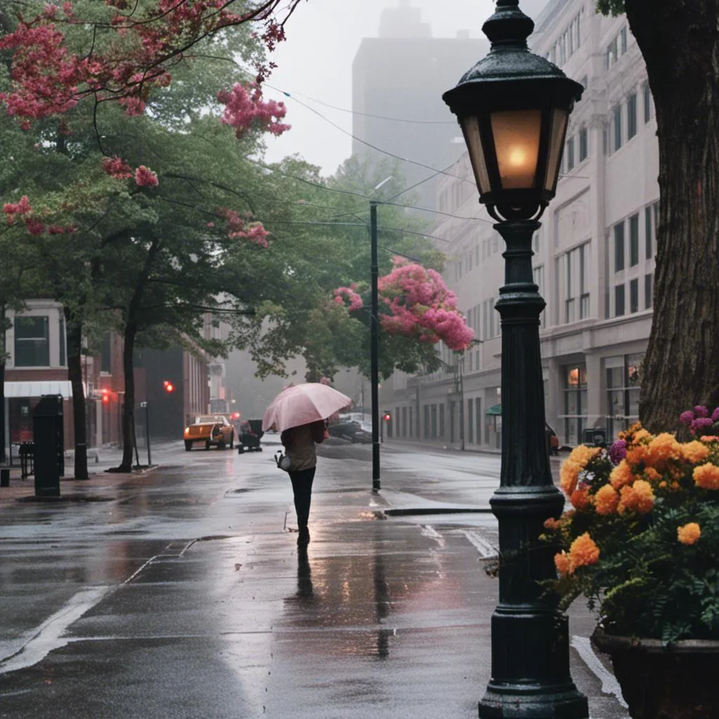 Prompt: <mymodel> a photo  of rainy day on  a city street with a lamp post and flowers on the sidewalk and a person walking down the street.