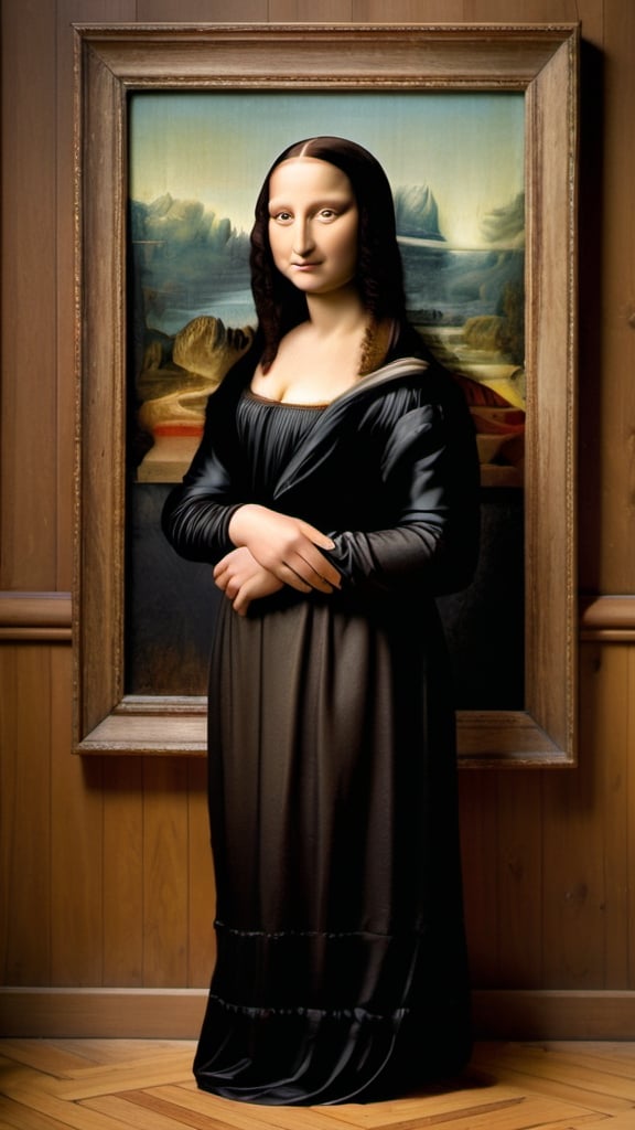 Prompt: Mona Lisa,  standing on a wood floor. wood house studio, full from head to toe body shot