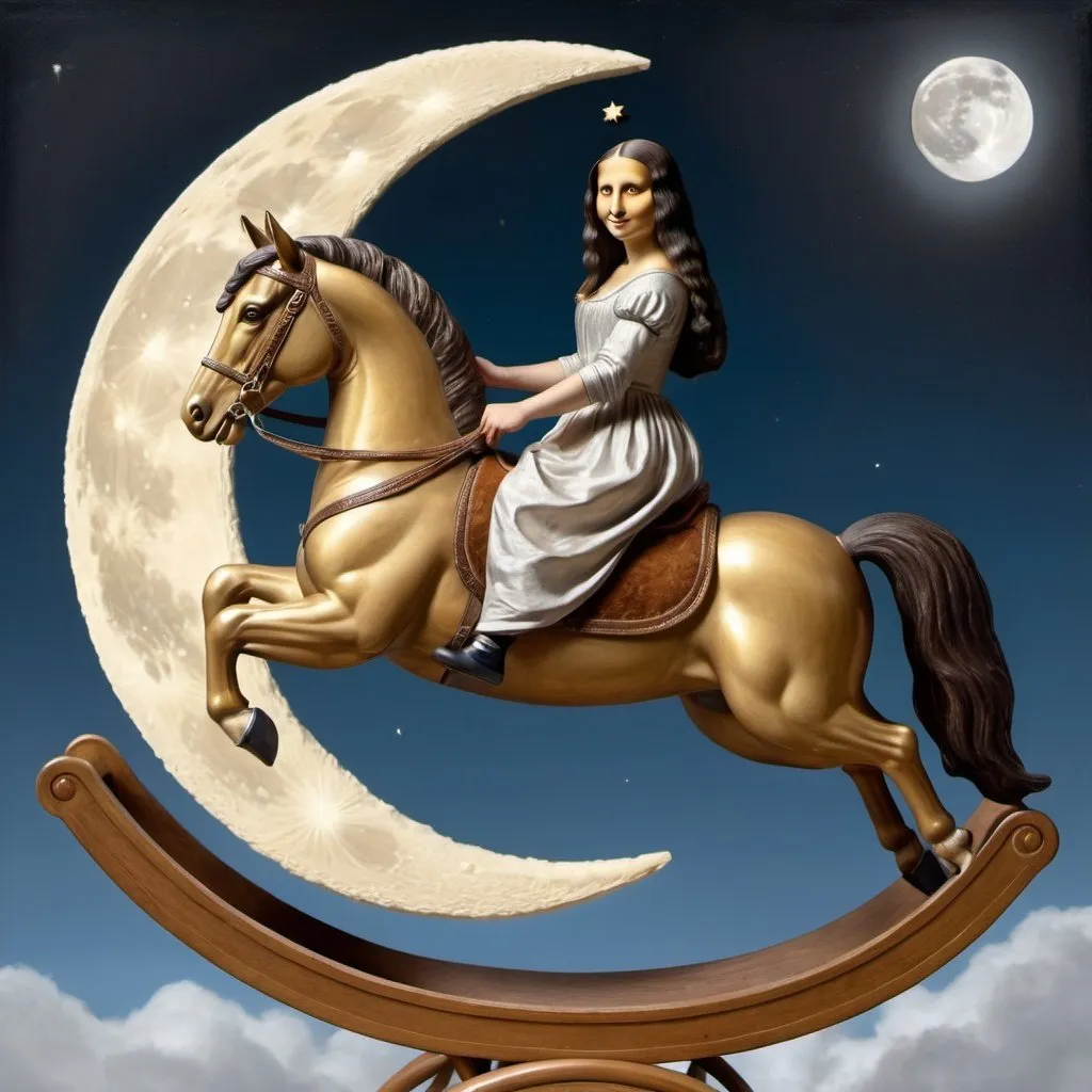 Prompt: Mona Lisa riding a rocking horse that is jumping over the Moon.