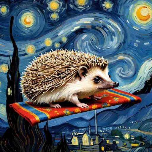Prompt: A "Hedgehog"  flying on a "magic carpet" in "The Starry Night" by Vincent van Gogh