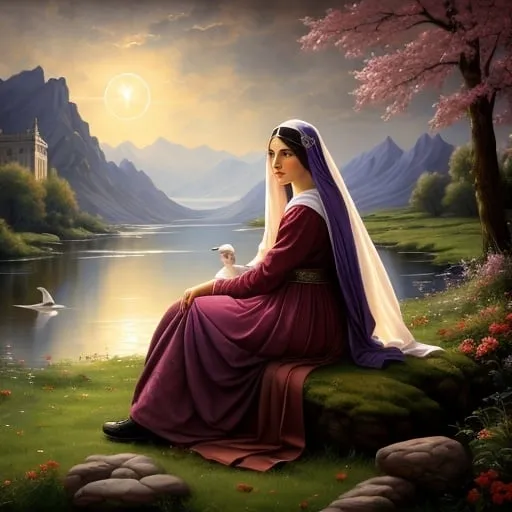 Prompt: a painting of a woman sitting on a rock by a lake with birds flying around her and a dove in the sky, Lord  make me a channel of thy peace that where there is hatred  I may bring love that where there is wrong I may bring the spirit of forgiveness that where there is discord  I may bring harmony that where there is error  I may bring truth that where there is doubt  I may bring faith that where there is despair  I may bring hope that where there are shadows  I may bring light that where there is sadness  I may bring joy Lord  grant that I may seek rather to comfort than to be comforted to understand  than to be understood to love  than to be loved For it is by self-forgetting that one finds It is by forgiving that one is forgiven It is by dying that one awakens to Eternal Life ,Anne Stokes, figurative art, classical painting, a fine art painting