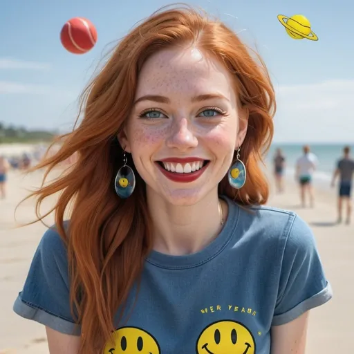 Prompt: photorealistic portrait of a [(27 year-old woman),  (cover with dark freckle), (green eyes), (long ginger hair), (red lipstick), (a smile on her face), (earrings with a smiley face on it's earring hooks), (smiley-face t-shirt), (long blue jean), (red and blue tennis shoes),]on the beach, looking very happy at three ufos