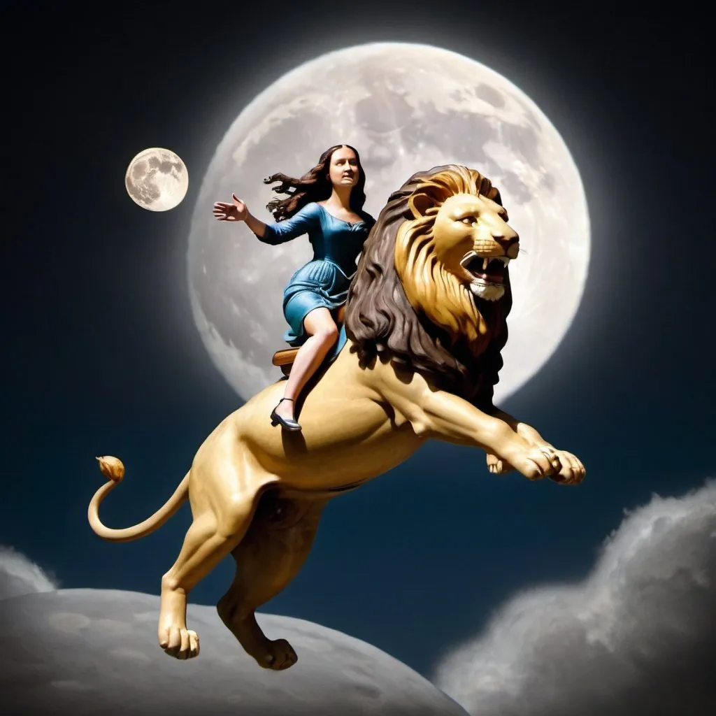 Prompt: Mona Lisa riding a Lion  that is jumping over the Moon.