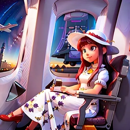 Prompt: a 21-year-old woman in a long flower print Empire Dress with a high neck line and white hat  sitting on an airplane seat with a hat on her head, drinking red wine, and an attacking UFO in the night shy in in the background with a window, Annie Leibovitz, precisionism, promotional image, an art deco painting