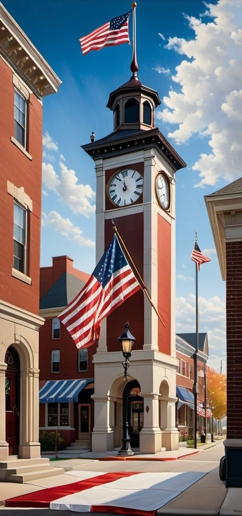 Prompt: a clock tower with a flag on the street in front of it and a flag flying in the wind, Arlington Nelson Lindenmuth, american scene painting, award-winning photograph, a digital rendering