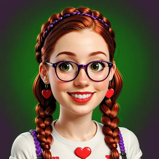 Prompt:  portrait of a smiling 27 year-old woman. green eyes. cover with dark freckle. long ginger hair ginger in a French braid.   wearing  red lipstick. purple broad rimmed eyeglasses.    earrings with a heart,  and  a white t-shirt with the a heart.