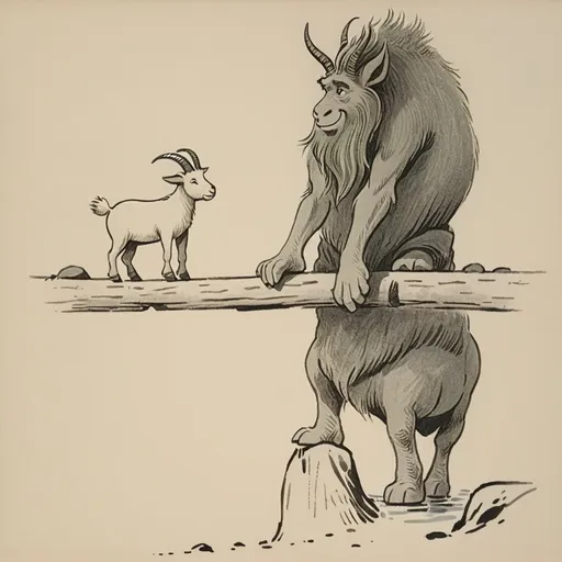 Prompt: a drawing of a troll  blocking a goat from crossing a  log  bridge. the  troll  is standing on a rock in river bed under the bridge,  troll 's torso under the bridge.  troll 's  neck is even with  troll 's hands is on the bridge, the troll 's nose  is blocking  the bridge the bridge,  troll 's head is over the bridge.  a storybook illustration

 image from  Tales and tags; rhymes by [Latham, Azubah Julia] (1918)