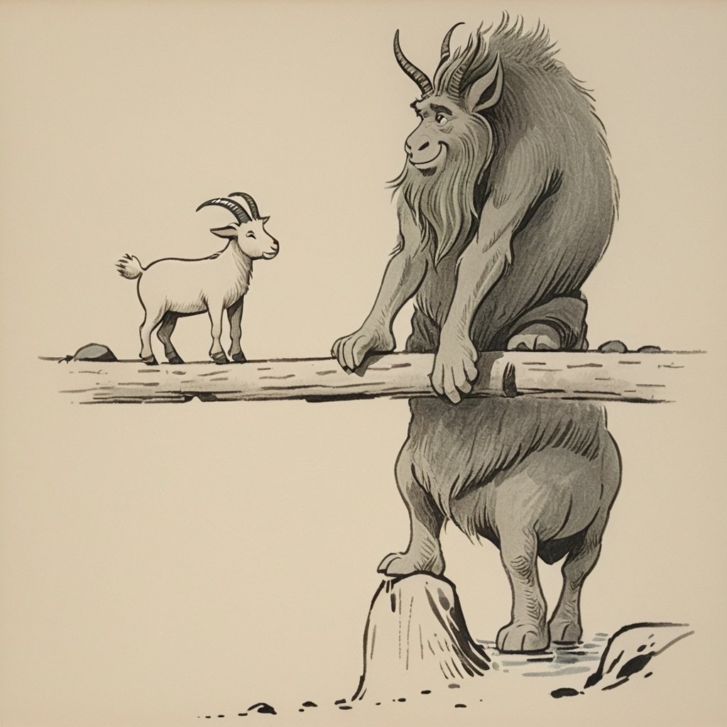 a drawing of a troll blocking a goat from crossing...