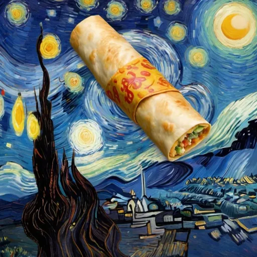 Prompt: An "Egg roll" flying on a "magic carpet" in "The Starry Night" by Vincent van Gogh