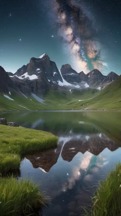 Prompt: an image showing the hope of new day. looking east. In foreground there is green meadows and  large  reflecting lake. the  distended horizons of  rugged mountains with snow on the peaks.      The sky is completely clear of clouds. the sky is fill with the stars,  milky way.