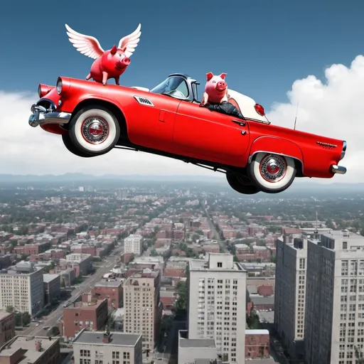 Prompt: pig  in a flying red ford 1957 thunderbird flying over a city
