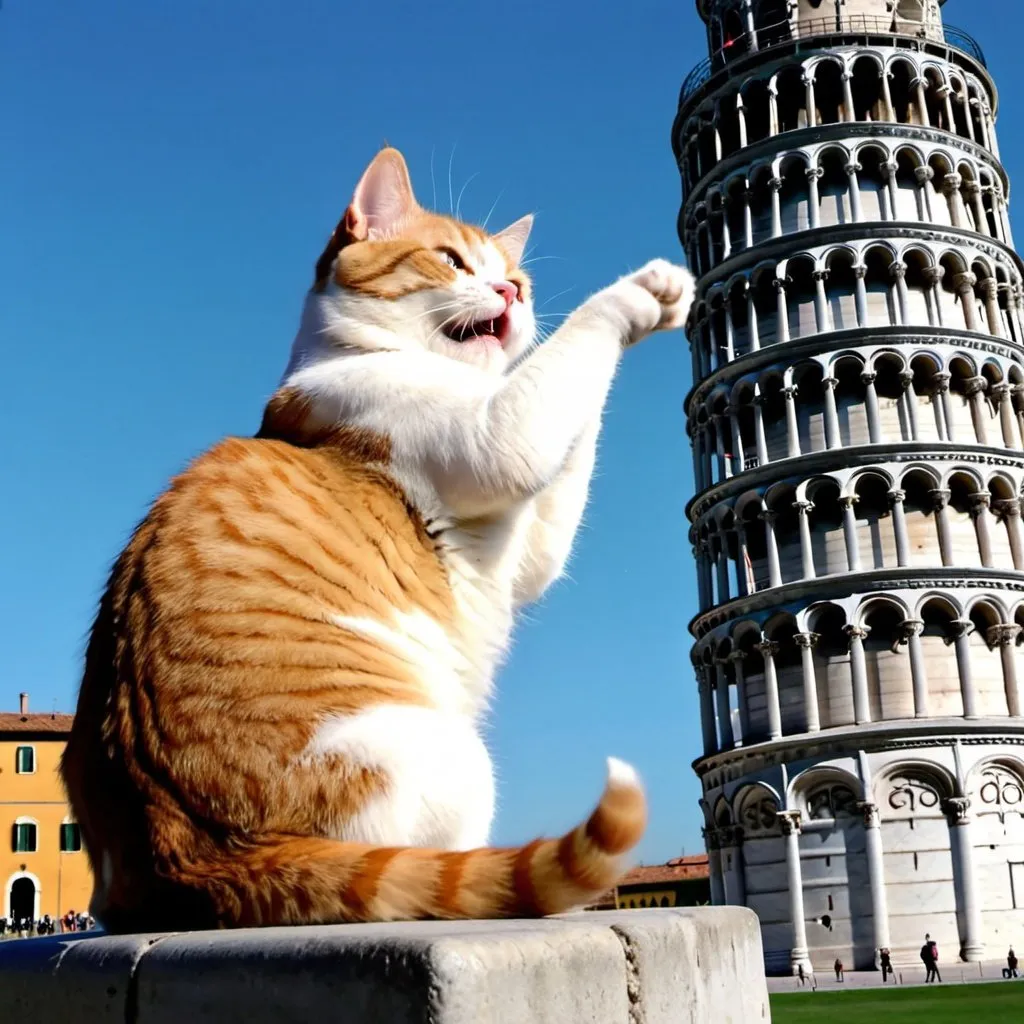 Prompt: a cat knocking over "the leaning tower of pisa"