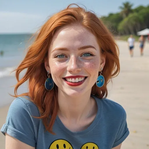 Prompt: photorealistic portrait of a [(27 year-old woman),  (cover with dark freckle), (green eyes), (long ginger hair), (red lipstick), (a smile on her face), (earrings with a smiley face on it's earring hooks), (smiley-face t-shirt), (long blue jean), (red and blue tennis shoes),]on the beach, looking very happy at an ufo